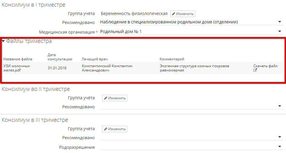 Раздел «Файлы триместра» в консилиуме I триместра в региональной системе наблюдения беременных (РСНБ)